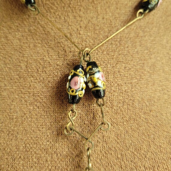 Vintage Art Deco Lampwork Glass Floral Bead Y-Necklace 14 Inch SSma View 6