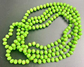 Long Lime Green Faceted Glass Bead Hand Knotted 60" Rope Necklace Vintage 60s