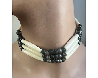 Bone Hairpipe 3 Strand Choker Necklace Leather Tie Southwestern Vintage 1970s