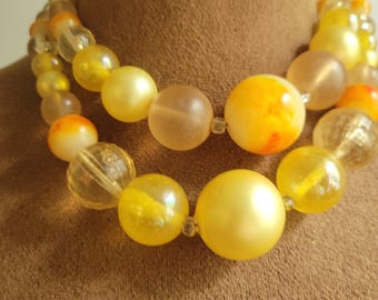 Vintage Karu Arke Yellow Orange Lucite Bead Double Strand Choker Necklace 16.5in