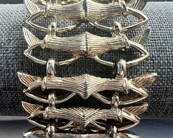 Gold Tone Textured Wide Panel Link Statement Bracelet Vintage 1960s
