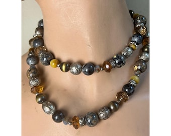 Double Strand Beaded Necklace Silver Tone Mixed Media Toggle Clasp Eclectic 90s