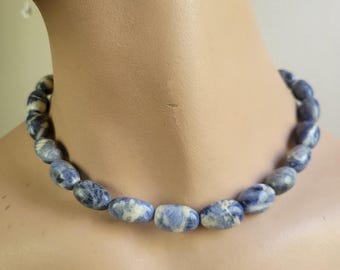 Sodalite Blue White Stone Bead Necklace Sterling Silver Clasp 16" Vintage 90s