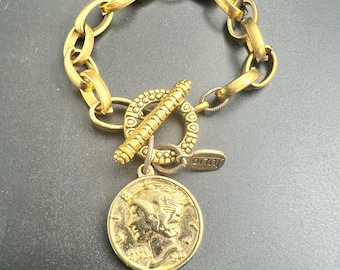 Julio Gold Tone Mercury Dime Coin Chunky Link Toggle Bracelet Vintage 90s