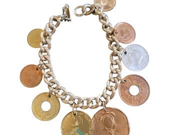 Vintage World Coin Charm Bracelet International Currency Travel Eclectic 70s