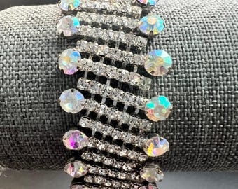 Aurora Borealis Rhinestone Wide Gate Link Bracelet Silver Tone 1950s Vintage