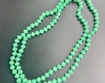 Long Seafoam Green Faceted Glass Bead Hand Knotted Rope Necklace Vintage 1960s