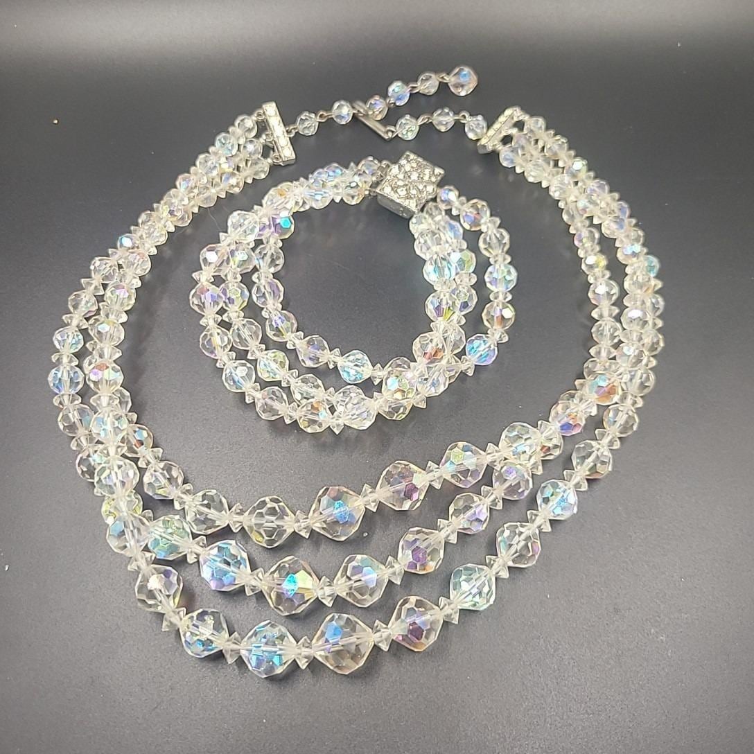 Vintage Aurora Borealis AB Crystal Triple Strand Necklace Bracelet Set 15" Glam