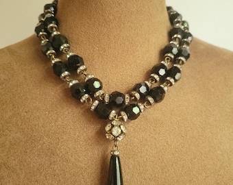 Vintage 90s Black Glass Bead Double Strand Drop Necklace 925 Toggle Goth