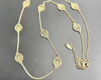 Ann Taylor Gold Tone Filigree Station Necklace Crystal Accents Vintage  34"2000s
