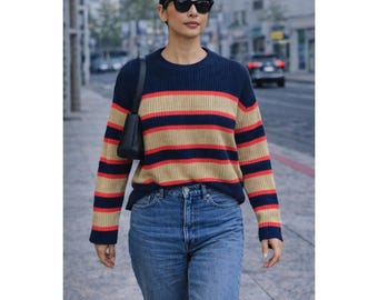 Sanctuary geribbelde trui dames L marineblauw geelbruin Excellentuay