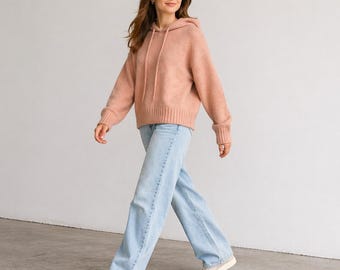 Sudadera con capucha de punto Babaton The Group para mujer, talla 2XS, color rosa, excelente suéter corto y relajado.