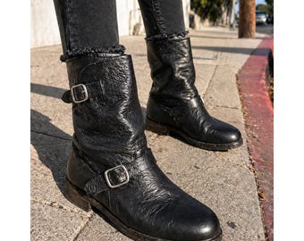 Botas Frye Engineer para mujer, talla 8, negras, buen estado, de cuero, con hebilla estilo moto.