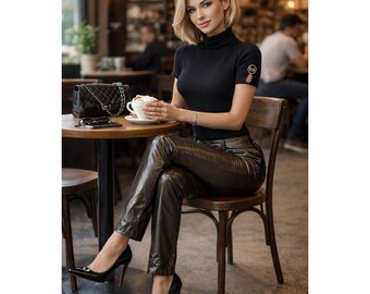 Pantaloni Miss Sixty Second Skin da donna, neri lucidi con cerniera, taglia L 30