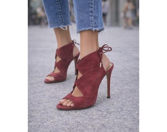 Aquazzura Suede Cutout Accent Slingback Sandals Red Stiletto IT 40 US 10 Good