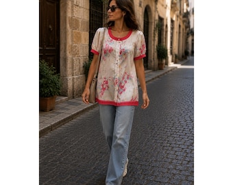 Tunique en soie à fleurs Johnny Was pour femmes Taille L Rouge crème Bon 100 % soie