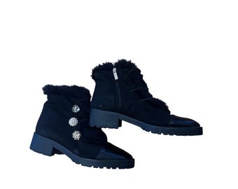 Nanette Lepore Black Faux Fur Rhinestone Button Ankle Boots Women 9 Excellent