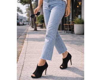 Jimmy Choo Suede Peep Toe Booties Womens 39 Black Good Back Zip Stiletto Heels