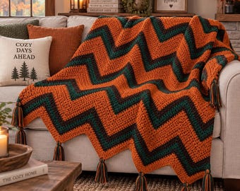 Coperta afgana a zig zag fatta a mano all'uncinetto – Coperta rustica autunnale