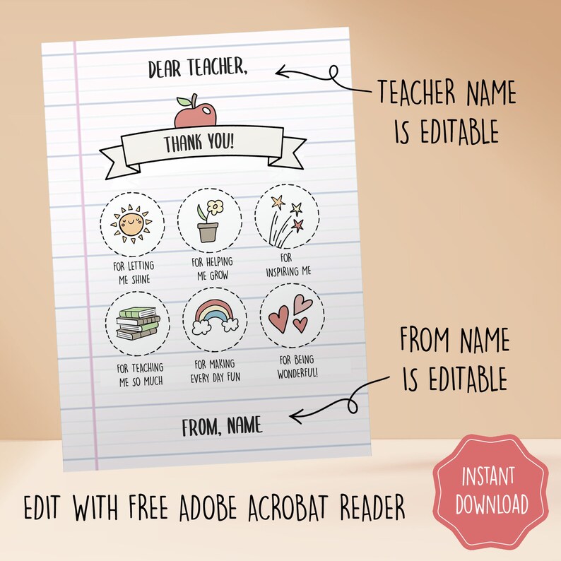 Printable Teacher Card, Teacher Appreciation Card, Editable Teacher