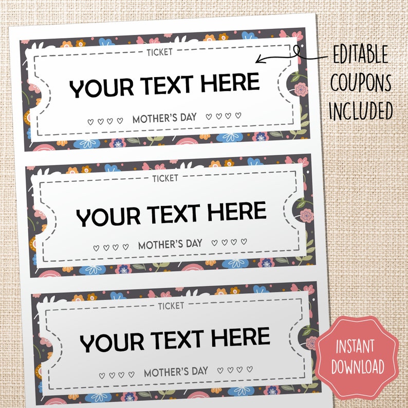 Mother's Day Coupons Editable, Mother's Day Tickets, Mothers Day ...