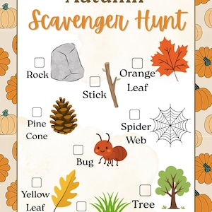 Könnte beinhalten: Ein Autumn Scavenger Hunt Aktivitätsblatt mit einem Kürbis-Muster-Rand. Die Liste enthält Illustrationen von einem Stein, Stock, orangefarbenen Blatt, Tannenzapfen, Spinnennetz, Käfer, gelben Blatt, Gras und Baum, jeweils mit einem Kästchen zum Abhaken.