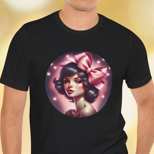 Pinup Girl Short Sleeve Tee Dark Haired Coquette Style Pink Bow Shirt