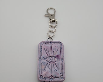 Handmade ceramic purple eye tarot card keychain pendant
