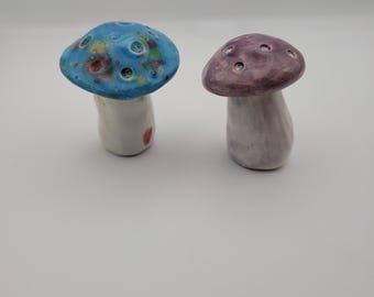 Handmade ceramic blue purple mushroom set