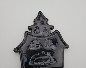 Handmade black spooky monster house ceramic magnet