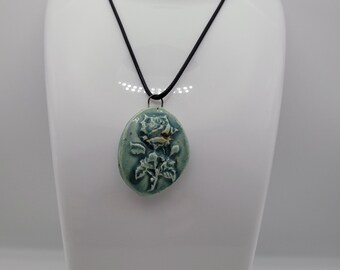 Handmade green blue rose plant charm pendant necklace