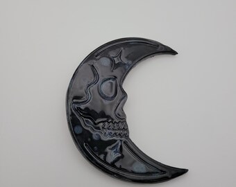 Handmade black skull moon ceramic magnet
