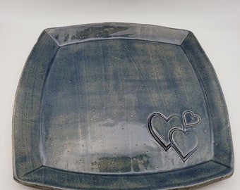 Handmade blue heart ceramic sushi dinner plate trinket dish