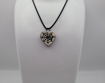 Handmade black grey spiderweb heart charm pendant necklace