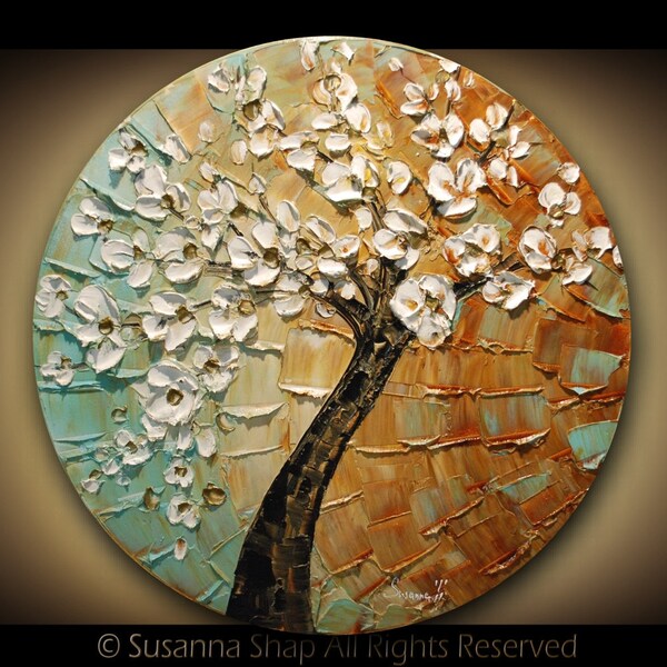 ORIGINAL Tree Painting Abstract White Cherry Blossom Textured Modern Art by Susanna