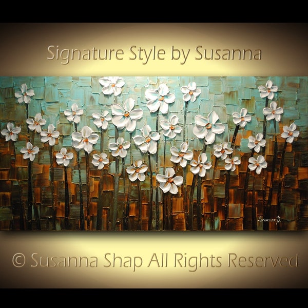 ORIGINAL Large Abstract Contemporary Textured White Flowers Landscape Painting Modern Palette Knife by Susanna Ready to Hang 48x24