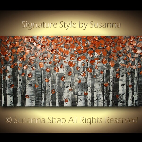 ORIGINAL Large Abstract Copper Birch Trees Impasto Landscape Heavy Textured Modern Palette Knife Painting by Susanna Ready to Hang 48x24