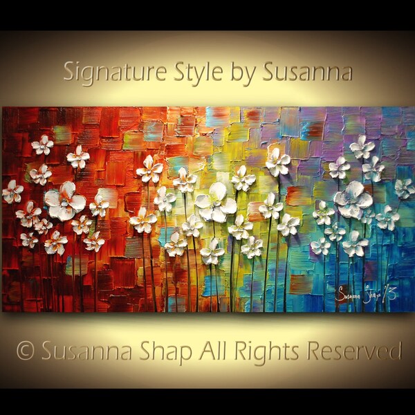 ORIGINAL Large Colorful Abstract White Flowers Landscape Oil Painting Multicolored Heavy Texured Modern Art by Susanna Ready to Hang 48x24