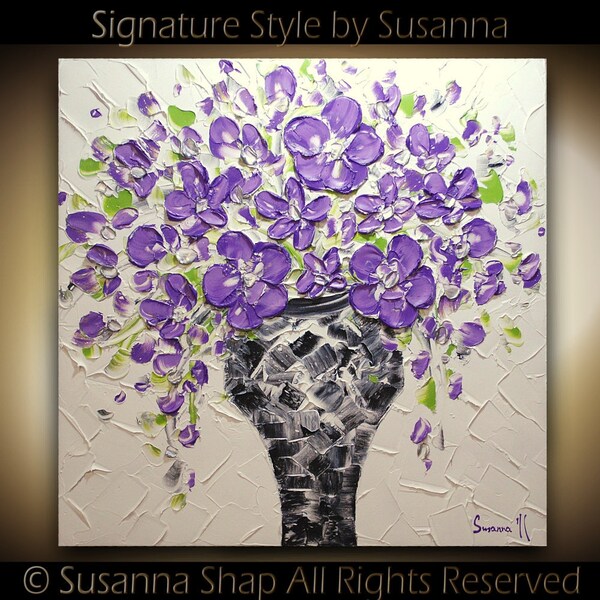 ORIGINAL Contemporary Purple Flowers Bouquet in Vase Thick Impasto Textured Oil Painting by Susanna