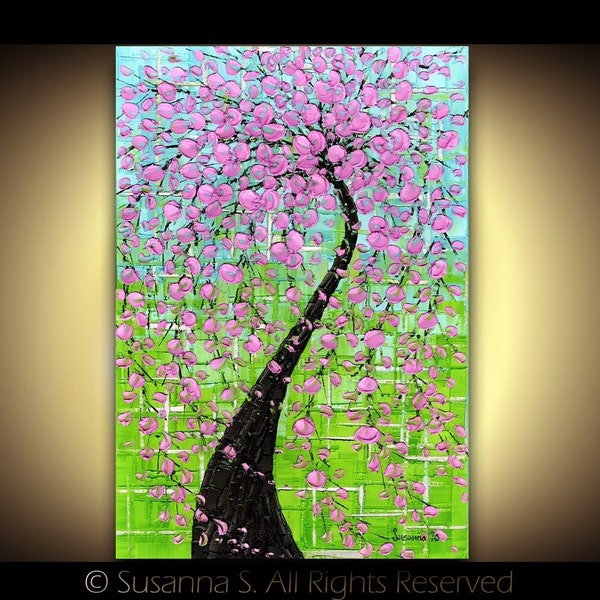 Large Modern Fine Art PRINT- Pink cherry blossoms tree on green turquoise 16x24