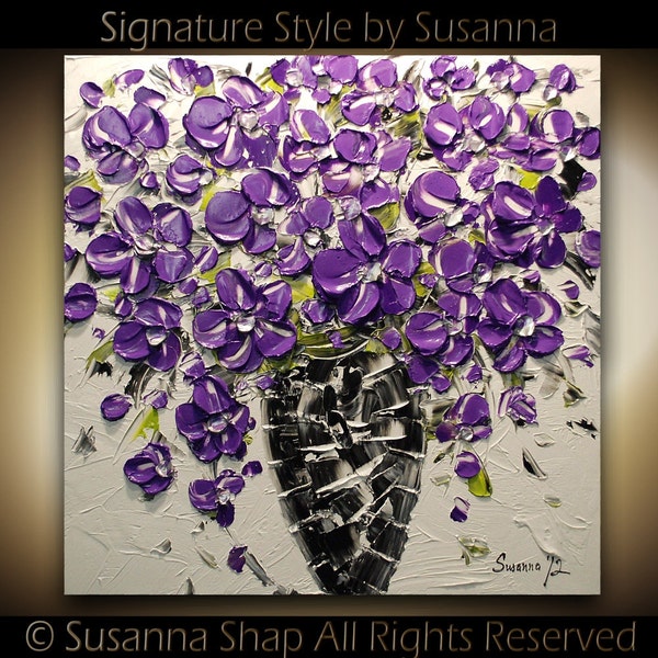 ORIGINAL Contemporary Purple Flowers Bouquet in Vase Thick Impasto Textured Oil Painting by Susanna