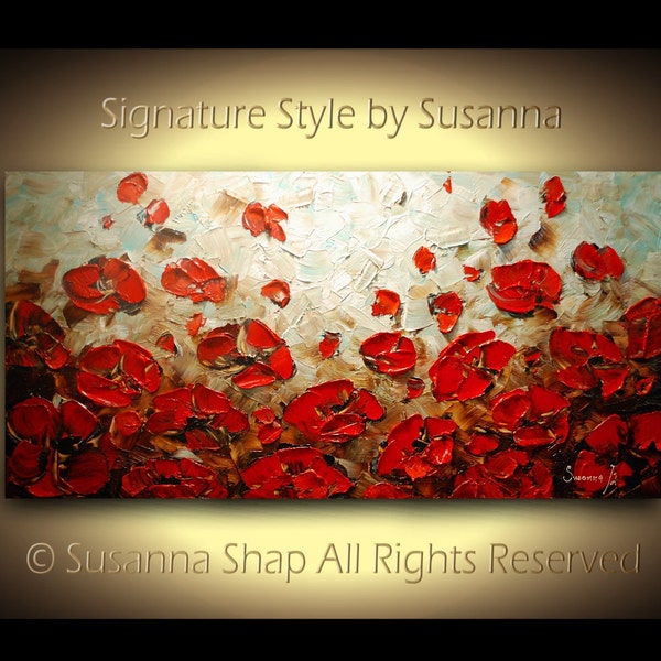 ORIGINAL Large Abstract Brown Blue Red Poppies Impasto Landscape Oil Painting by Susanna 48x24 Ready to Hang