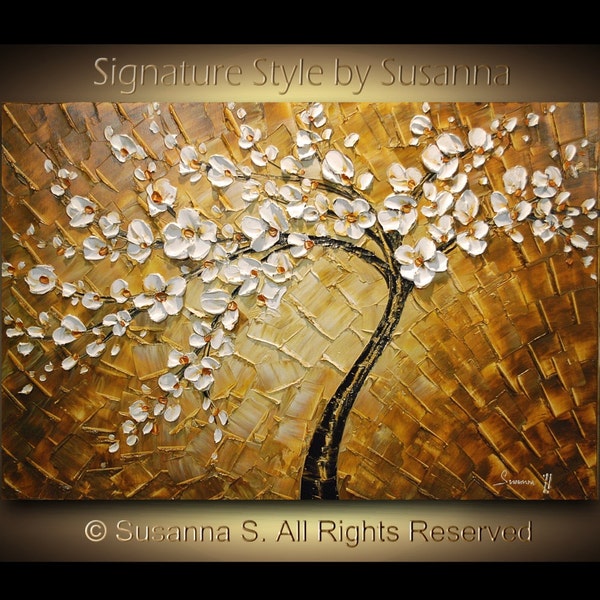 ORIGINAL Abstract Tree Brown White Cherry Blossom Impasto Landscape Textured Modern Palette Knife Oil Painting Ready to Hang 36x24