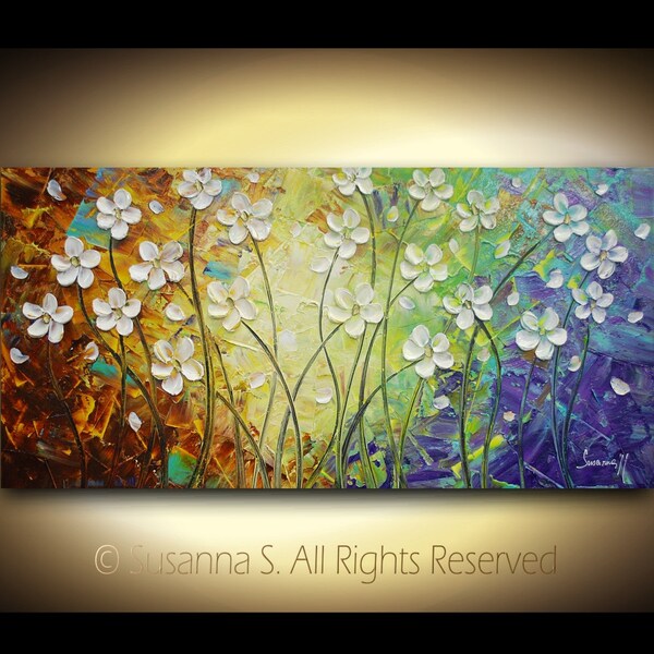 ORIGINAL Large Abstract Impasto White Flowers Landscape Modern Palette Knife Painting - Contemporary Fine Art by Susanna 48x24