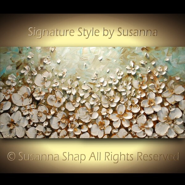ORIGINAL Large Impasto Landscape White Flowers Oil Painting Contemporary Palette Knife Painting by Susanna Ready to Hang Gallery Art 48x24