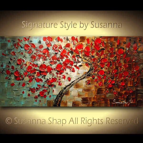 ORIGINAL Large Abstract Contemporary Red Cherry Blossom Tree Oil Painting Thick Texture Gallery Fine Art by Susanna Ready to Hang 48x24