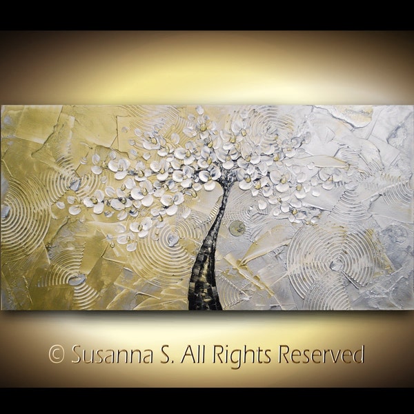 ORIGINAL Large Abstract Contemporary White Cherry Blossom Tree Textured Impasto Landscape Modern Palette Knife Painting by Susanna 48x24