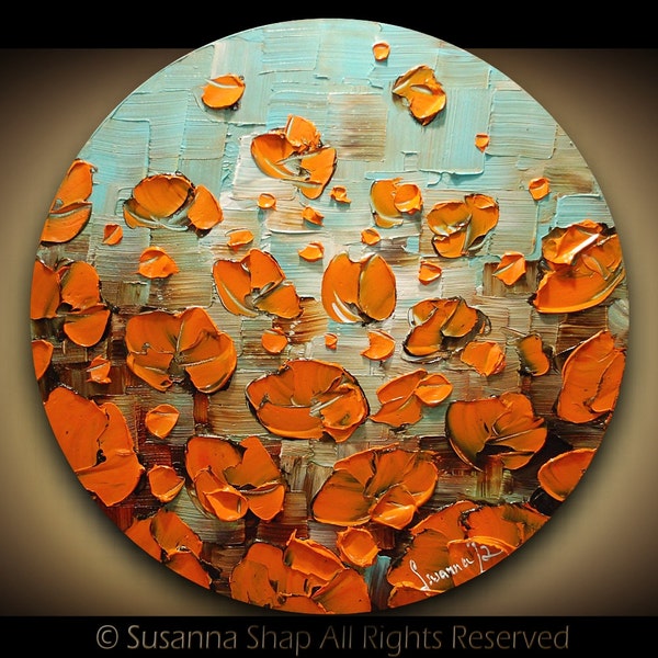 Original Abstract Contemporary Fine Art Impasto Landscape Modern Palette Knife Oil Painting- Blue Orange Poppies by Susanna 20x20