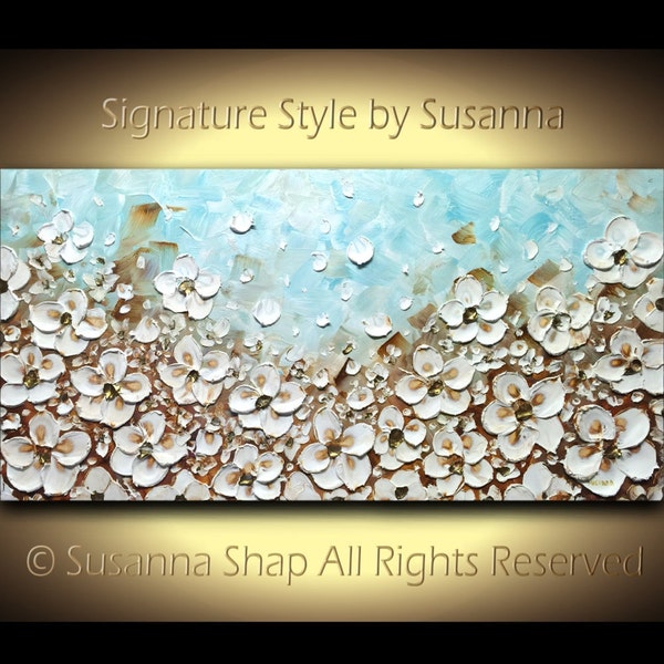 ORIGINAL Large Abstract Landscape Oil Painting White Flower Blossom Texture Art Impressionist Palette Knife Painting Wall Decor by Susanna