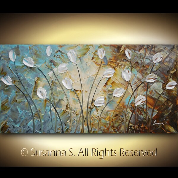 ORIGINAL Large Abstract Contemporary Fine Art- Impasto White Tulips Landscape Modern Palette Knife Painting by Susanna 48x24